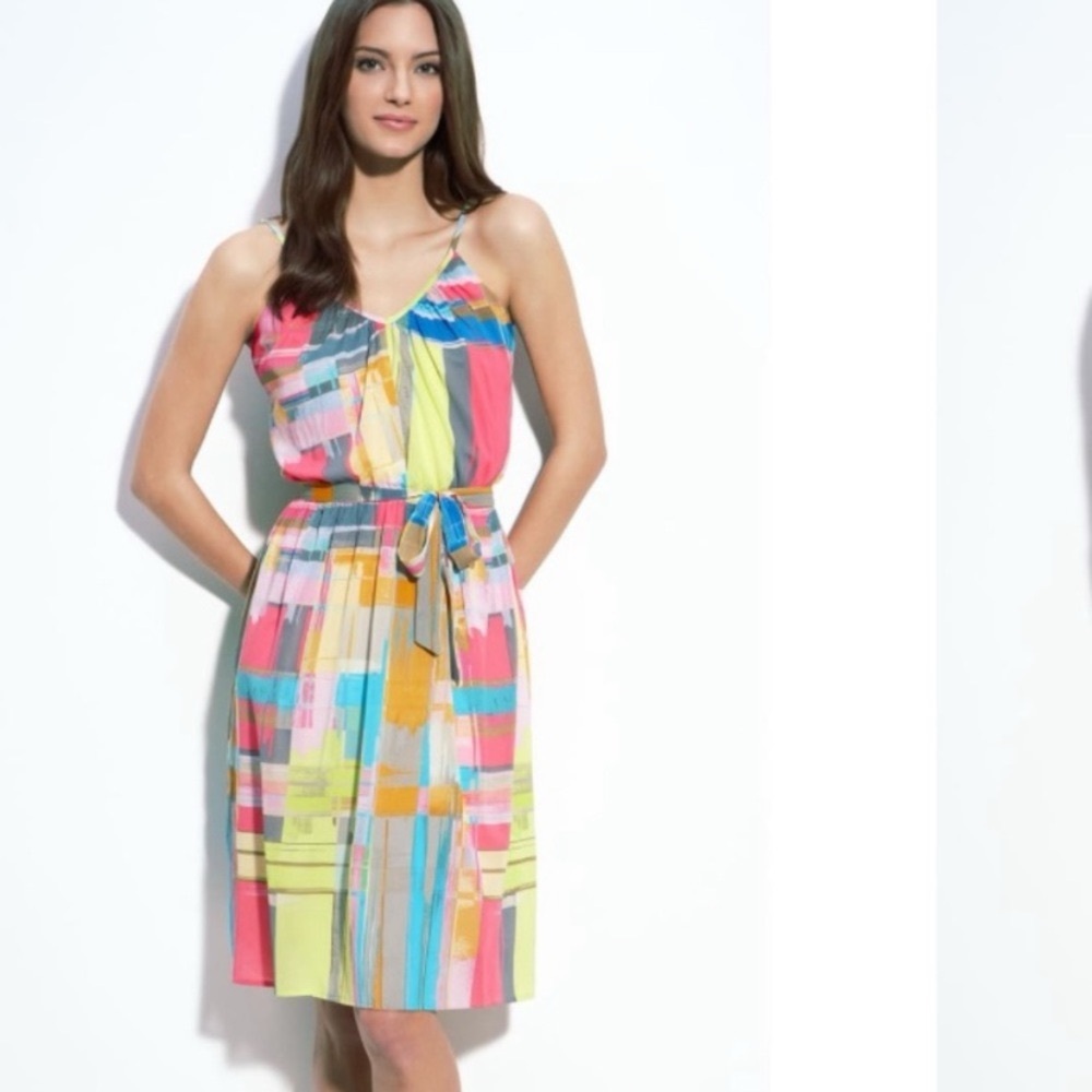 Trina Turk Multicolor V-Neck Dress watercolor patchwork Silk Dress Size 0
